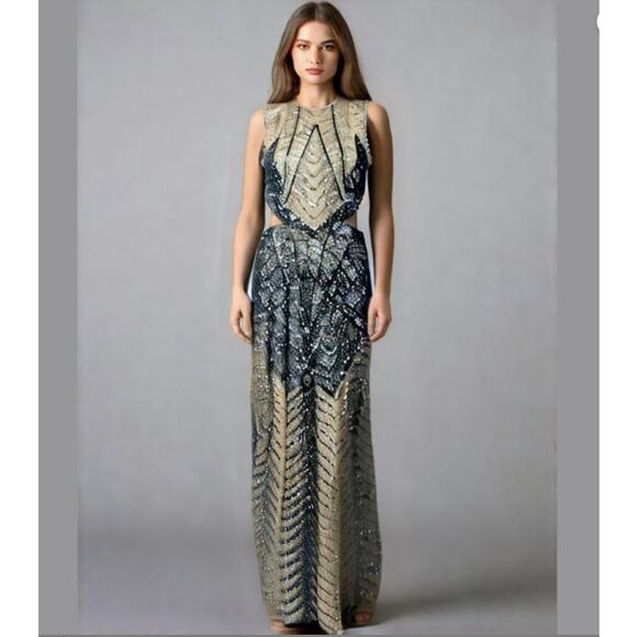 Venus Nude Black Sequin Formal Cut Out Side Sleeveless Evening Dress Gown 4 - Picture 1 of 14
